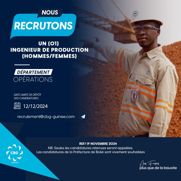 CBG recrute ses sites de Kamsar et Sangarédi un (1) ingénieur (e) de production externe (H/F)