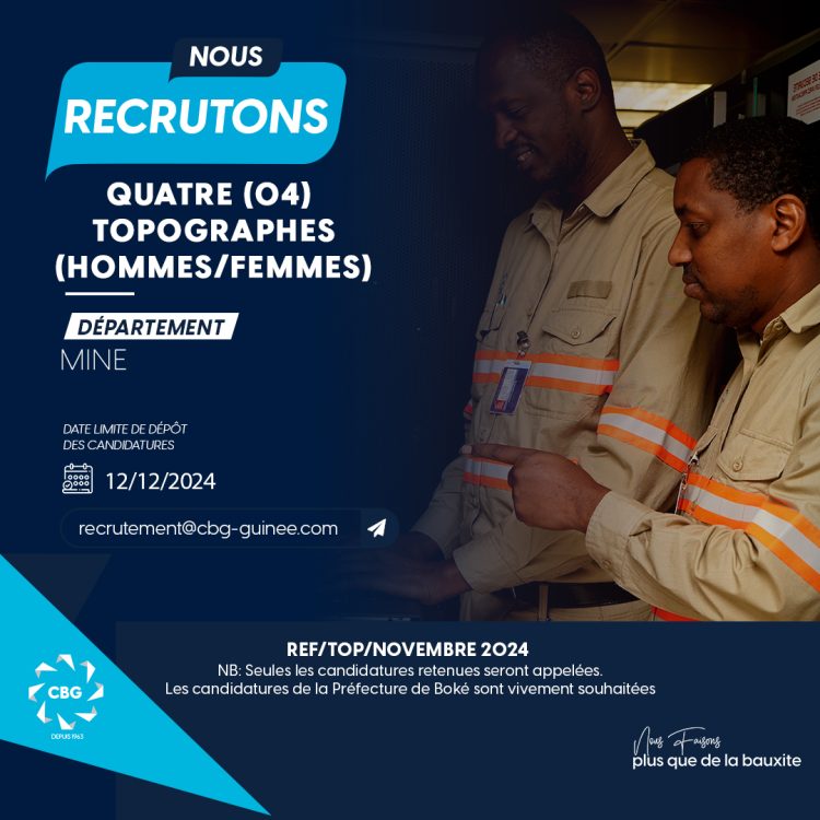 CBG recrute son site de Sangarédi quatre (O4) topographes externes (HF)