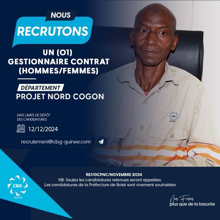 La CBG recrute pour son site de Sangarédi un (01) gestionnaire contrat projet Nord Cogon Externe (HF)